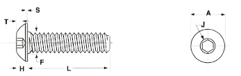 A is the head diameter of a button socket head cap screw. H is the head height, and J is the hex key size.