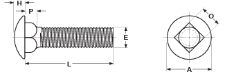 E is the body diameter, A is the head diameter, H is the head height, and O is the square width. P is the square depth.