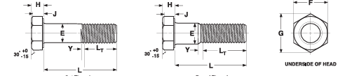 F refers to the width of the underside of the head of a bolt, while G is the width from point to point. H is the head height, and Lt is the thread length. Y is the transition thread length.
