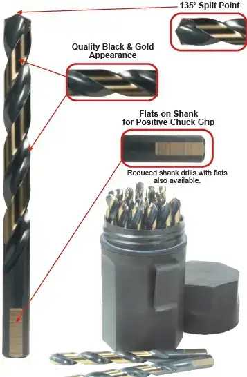 The Magnum Super Premium drill bits feature a 135 degree split point, quality black and gold appearance, and flats on the shank for positive chuck grip. Reduced shank drills with flats are also available.