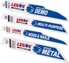 Four different Lenox Reciprocating Saw Blades: Demo, Multi-Purpose, Wood and Nails, and Medium Metal